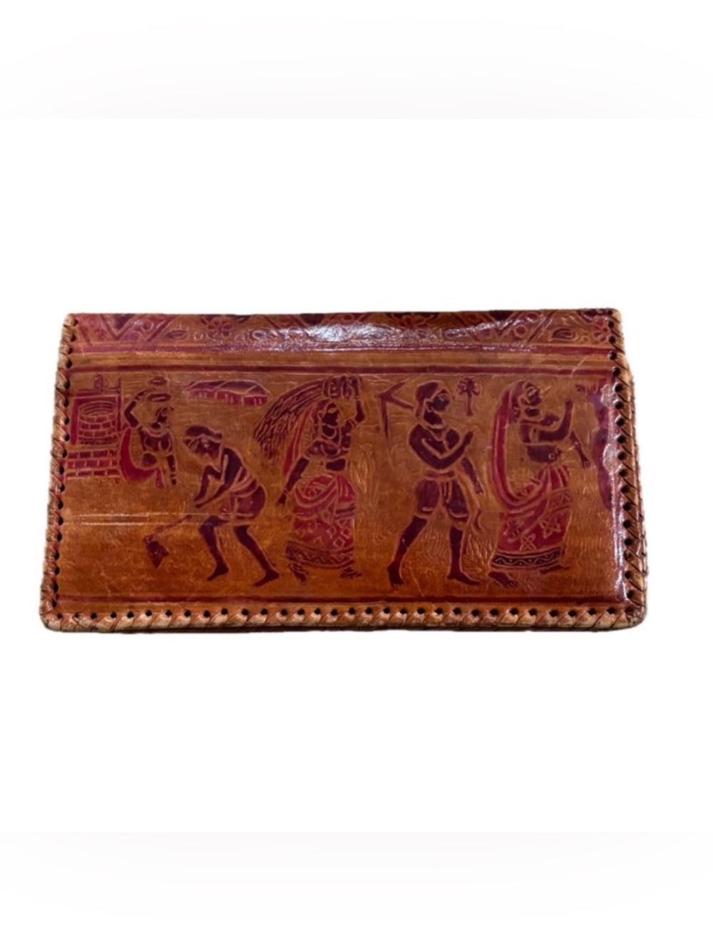 Vintage Indian Shantiniketan Hand Tooled Leather Wallet Clutch Tribal Folk Art